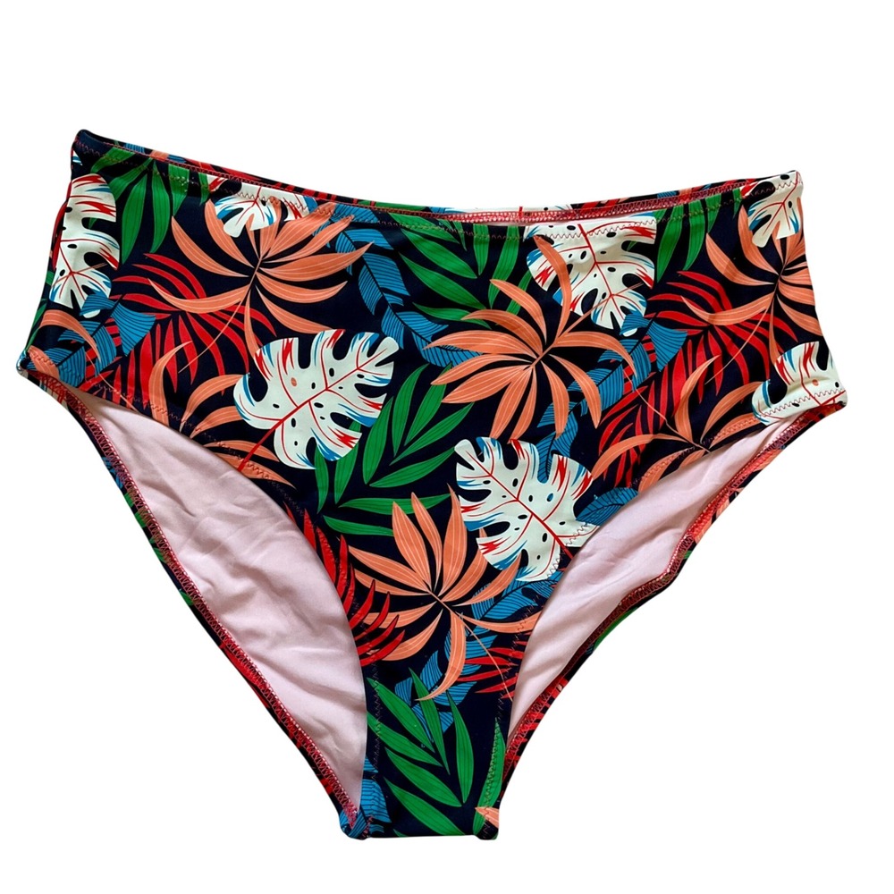 Tropical Leaf High Waisted Bikini Bottoms XL Multicolor Monstera Palm Print NWOT